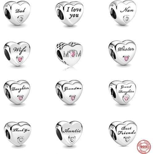 New Original 925 Sterling Silver Pendant Love Heart Charm Family Mother sSuitable For Ladies Pandora Bracelet DIY Jewelry Gift