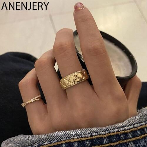 ANENJERY 925 Sterling Silver Rhombic Grid Rings for Women Gold Silver Color Ring Set Daily Jewelry S-R1007