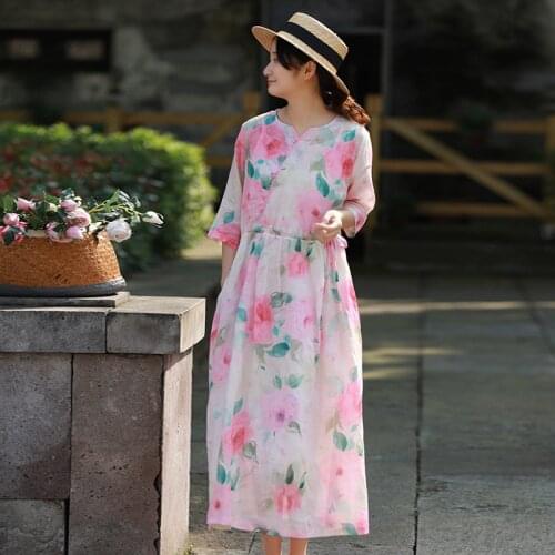 Women Loose Spring Summer Printed Ramie Dress Ladies 2021 Loose Dress Female 2021 Ramie Dresses