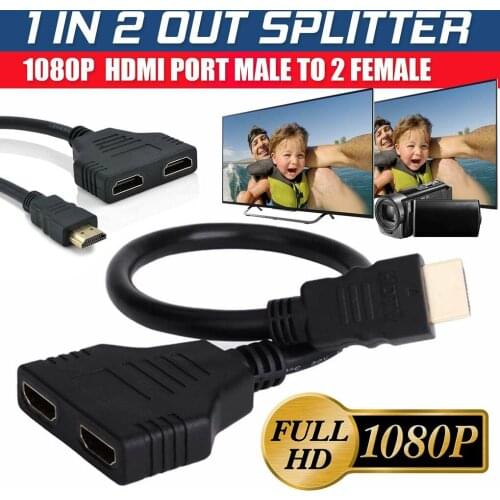 1080P HD Splitter Male to Female Cable Adapter 1 Input 2 Output 3D Video Converter Black 30CM