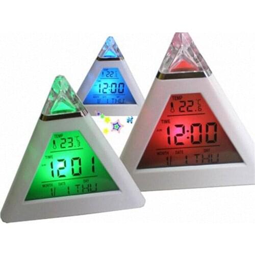 30pcs 7 LED Change Colors Pyramid LCD Digital Snooze Alarm Clock Time Data Week Temperature