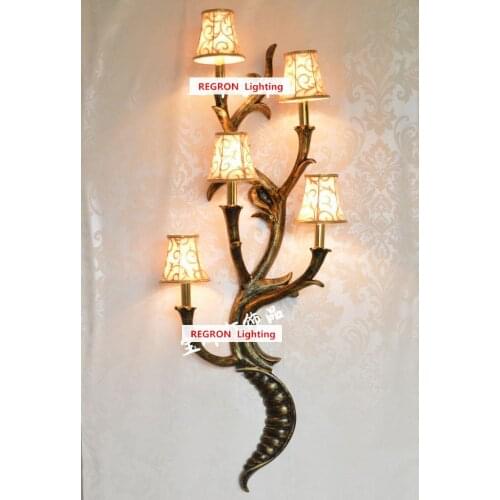 5-light hotel lobby big wall light fixtures Living room large gold Wall sconce Villa hall wall lamp cloth shade E14 110-240V