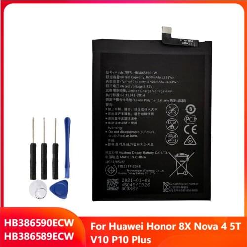 Original Phone Battery HB386590ECW For Huawei Honor 8X Nova 4 5T V10 P10 Plus HB386589ECW Replacement Battery 3650mAh Free Tools