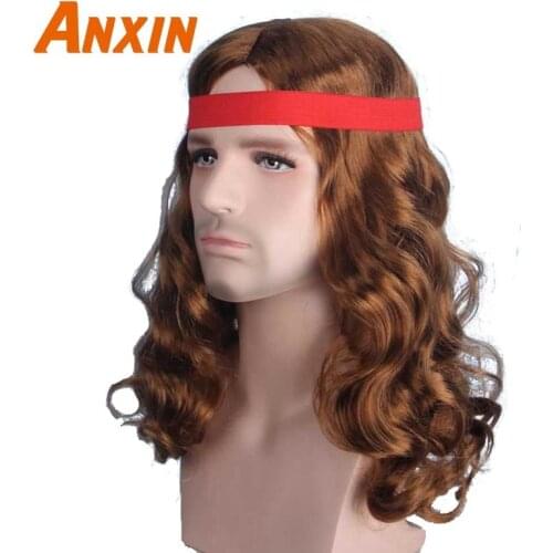 Anxin Men Wigs Dark Brown Long Curly Natural Hair Funy Toupee Wave with Red Belt Head Band Synthetic Fiber Shoulder Anime Wigs