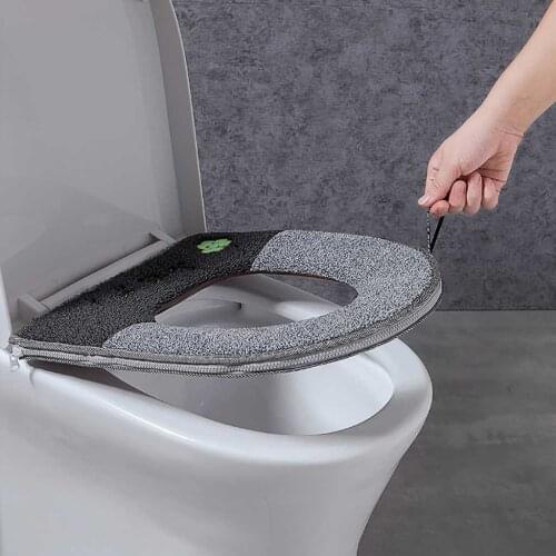 Household Soft Washable Toilet Seat Cover Mat Set for Home Decor Winter Plush Soft Pad Cover Toilet Seat Zipper With Handle
