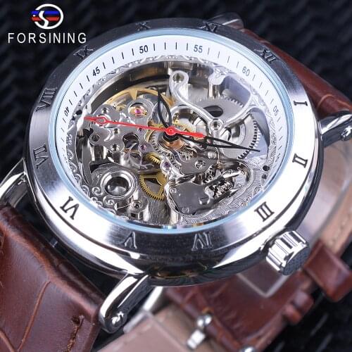 Forsining Mechanical Watches Brown Genuine Leather Mens Watches Waterproof Relogio Masculino Silver Stainless Skeleton Clock