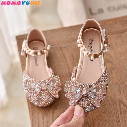 Girls Sequin Lace Bow Kids Shoes Girls Cute Pearl Princess Dance Single Casual Shoe 2021 New Childrens Party Wedding Shoes