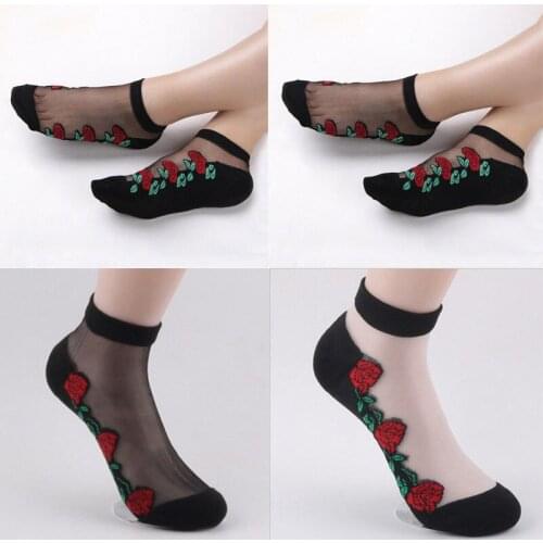 Hirigin 2017 Sexy Women Flower Socks Lace 3 Rose Embroidery Fashion Sock Women Elastic Crystal Silk Low Cut Ankle High Socks New