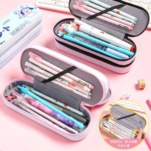 Kawaii Cartoon Cat Portable Double Layer Pencil Case PU Large Capacity Make up Bag Cosmetic Pen Box Organizer Student Stationery