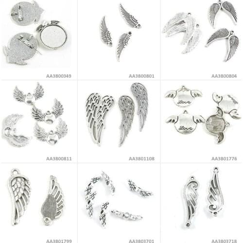 Antique Silver Tone Jewelry Charms Angel Wing Connector Loose Beads Love Heart Pinback Round Brooch Cabochon Blank Bracelet