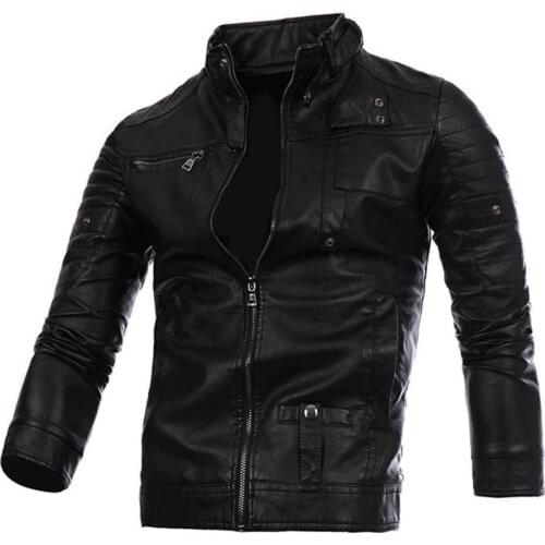 Jackets Fashion Men Autumn Winter Faux Leather Stand Collar Zipper Pockets Slim Jacket