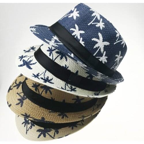 Summer Paper Straw Jazz Fedora Hats for Men Women Children Fashion Maple Leaf Printing Outdoor Parent-child Cap Sunhat Party Hat