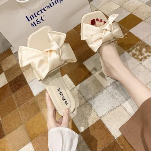 WEIBATE Summer New Ladies Slipper Korean Silk Satin Bow Slipper Open Toe Flat Heel Slippers Outdoor Vacation Beach Shoes