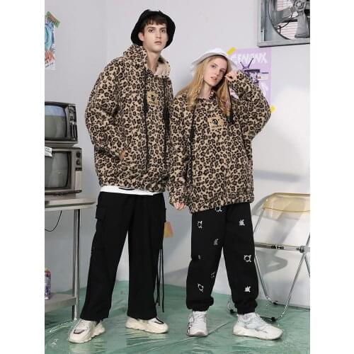 Lightning Fashion Brand Thick Lambskin Sweater Autumn and Winter New Hooded Fleece-Lined Leopard Print Top for Men
