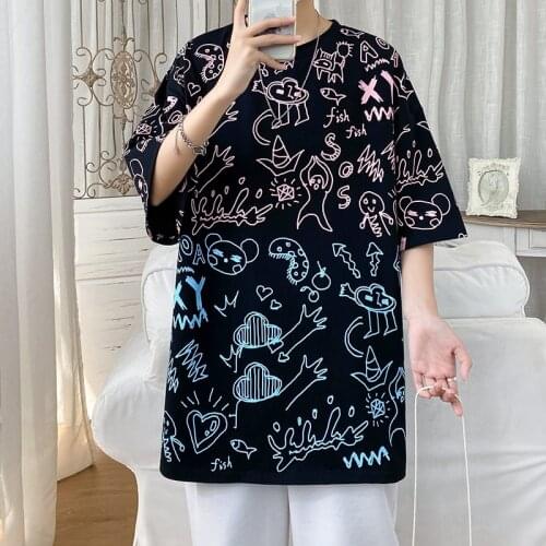 2021 Mens Summer New Round Neck Cartoon Print Five-point Short-sleeved Fashion Trendy Brand Loose 100% Cotton Short-sleeved