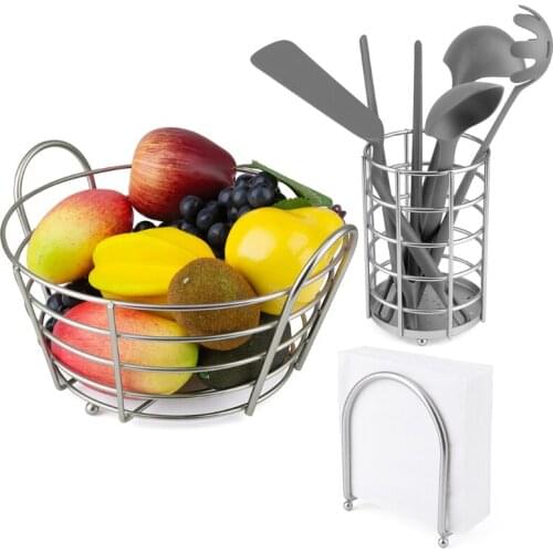 Set of 3 Stainless Steel Napkin Holder Utensil Caddy Fruit Basket Kitchen Counter Home Organizers