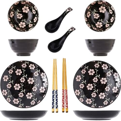8 Pcs Ceramic Plate Bowl Chopsticks Spoon Set Flower Pattern Hand Painted Porcelain Tableware Thread Colored Glaze Underglaze