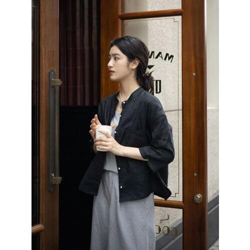 2021 autumn new 7-sleeve black simple open placket short ramie shirt womens top 0902-11