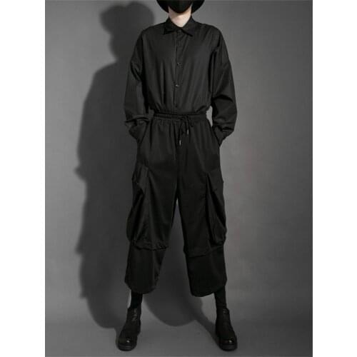 Mens new hair stylist black large pocket overalls super loose wide leg pants casual cropped pants