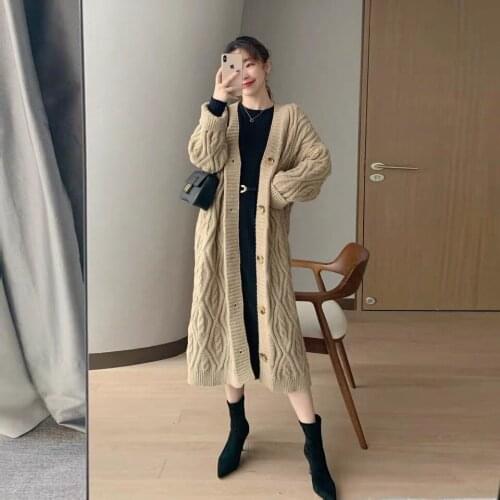 2021 Autumn and Winter Long Elegant Warm Sweater Cardigan Jacket Womens Knitwear Long Sleeve Pure Color Coat Womens