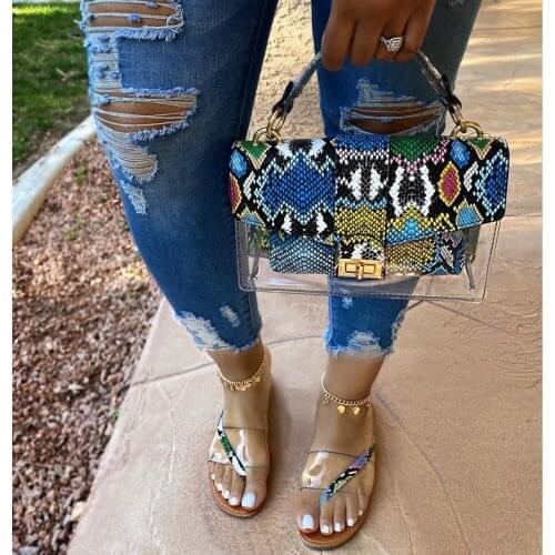 Snake Print Clear Sandals and Handbag Set Claquette Femme Dames Schoenen Jelly Purse Slipper Women Chanclas Bag Femmes Sandales
