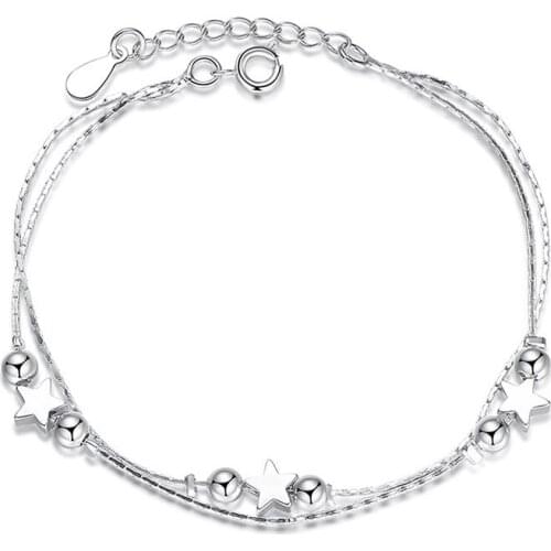 925 Sterling Silver Romantic Lovely Fashion Female Handmade Jewelry Lovely Heart Shape And Five-Pointed Star Bracelet
