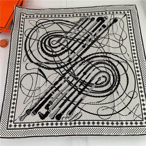 90cm Manual Hand Rolled Twill Silk Scarf Women Tassel Chain Print Square Scarves Wraps Echarpe Foulards Femme Bandana Lady Hijab