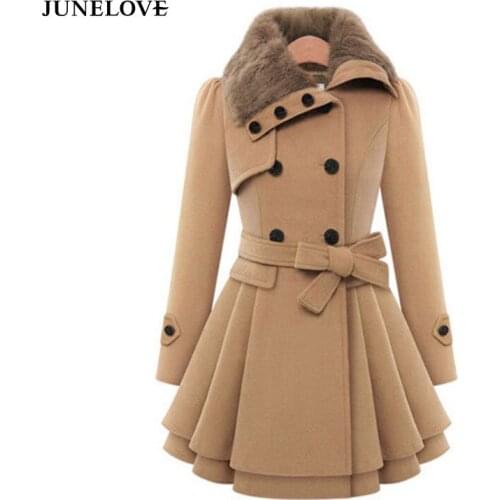 Woolen Coat Double Breasted Lapel Long Coat Female Thicken Autumn Winter Slim Belt Pleated Trench Coats Lady Fur Collar Peacoat