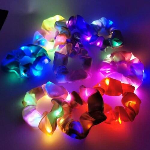 6Pcs/Bag Led Luminous Hair Band Satin Scrunchies Elastic Hair Tie Glow Hair Accessories for Halloween Party Christmas Headwear