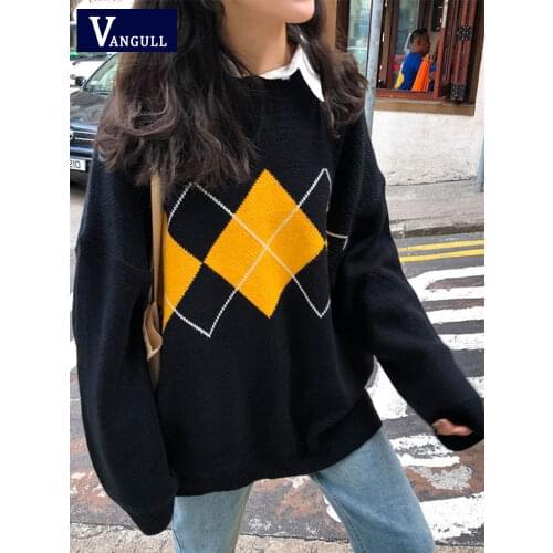 Vangull Plaid Patchwork Oversized Women Sweater Pullover 2021 Autumn Fashion Loose Female Pullovers Long Sleeve O-Neck Sweater
