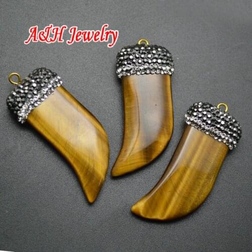 High Quality Natural Brown Color Tiger Eyes Horn Shape Pendant Rhinestone Paved On Clay Jewelry For Earring Making 5pc/lot