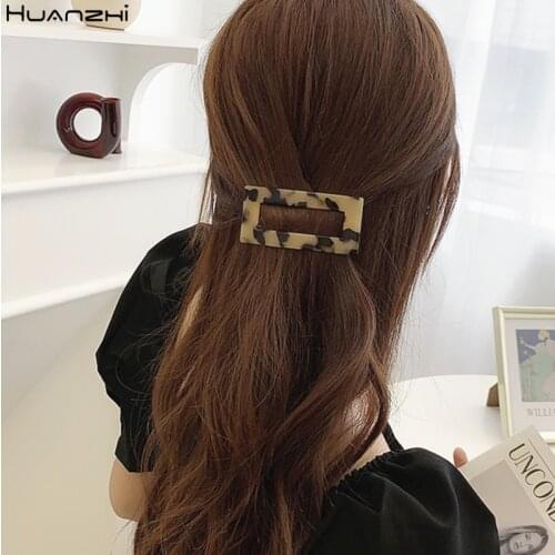HUANZHI 2020 New Trendy Retro Acrylic Leopard Print Acetate Square Hollow Large Plate Hair Clip Accessories for Women Girls Gift