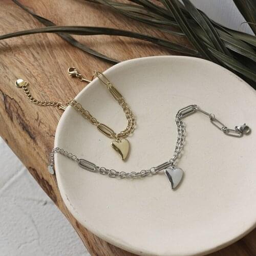 Titanium With 14 K Gold Layered Chains Heart Bracelet Women Stainless Steel Jewelry Chic Gown Sweet Japan South Korea Fashion