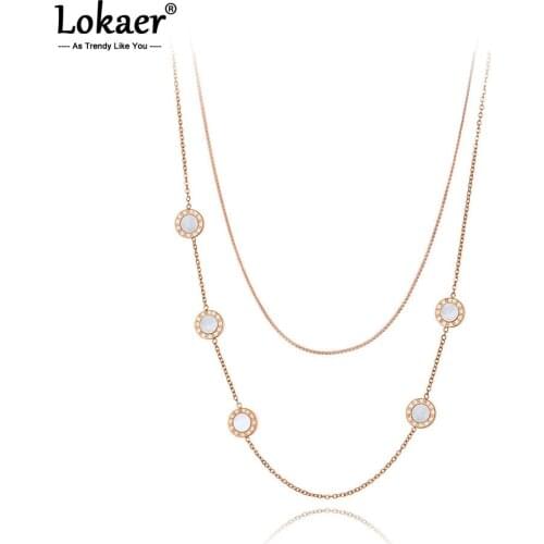 Lokaer Trendy Bohemia Stainless Steel Double-layer Charm Chain Choker Necklace Roman Numerals Pendant Necklace For Women N19207