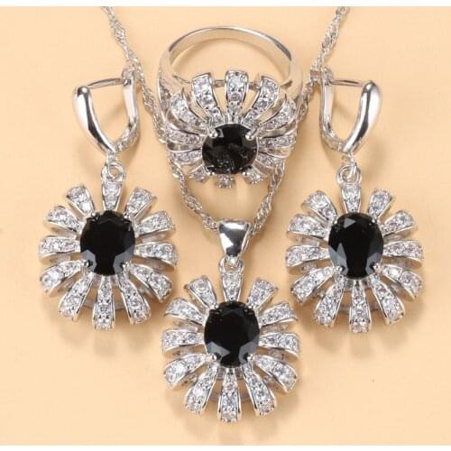Big Flower Accessories Black Stone Women Fashion Jewelry Sets Silver Color Earrings Pendant Ring And Necklace Sets