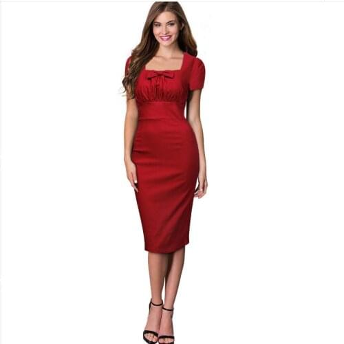 The new high-quality European and American womens solid color square collar lovely bow elastic fold pack hip dress