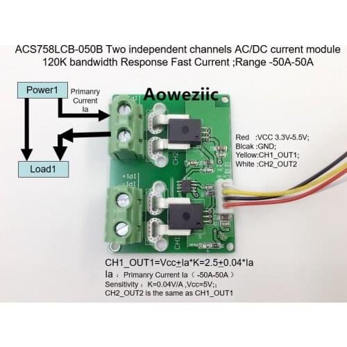 Aoweziic ACS758LCB-050B ACS758LCB-050 ACS758 Two independent channels AC/ DC current detection module Rang:-50A-50A