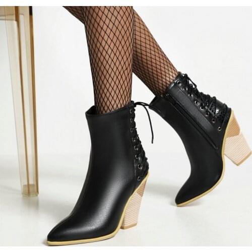 New Female Western Boots Fashion Stitching Short Boots Ladies Autumn Winter Cross Tied Slope Heel Plus Size Womens Shoes 34-48
