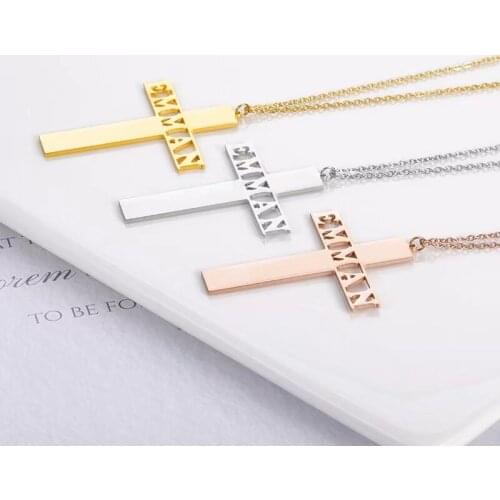 HUHUI Custom Name Necklace With Cross Pendant Personalized Hollow Nameplate Stainless Steel Unisex Religious Jewelry Best Gift