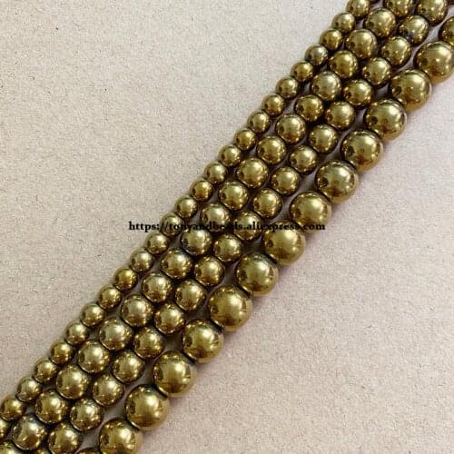 Natural Stone Gold Plt Hematite Round Loose Beads 4 6 8 10 MM 15" Per Strand Pick Size For Jewelry Making