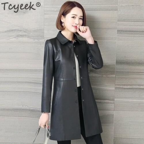 Tcyeek Natural Sheepskin Jacket Women Genuine Leather Trench Coat Female Long Spring Autumn Outwear Plus Size Clothes LWL1484