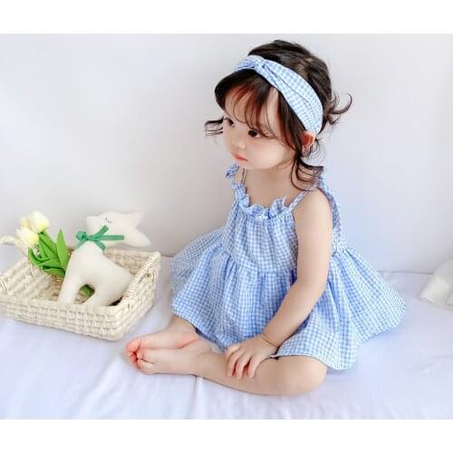 2021 Summer New Korean Baby Sling Lattice Dress Bag Creeping Set 0-3 Years Old Baby Girl Bodysuit