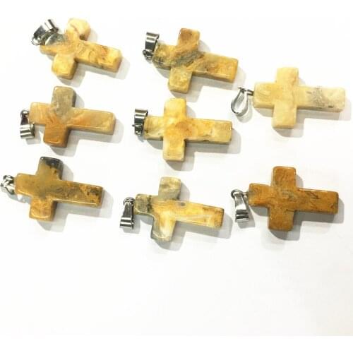 Hot Fashion Natural Stone Pendant Cross Reiki Shape Pendants Crazy Agates Charms for Necklaces Jewelry Making 25*18 MM Wholsale