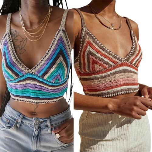 Summer Sexy Midriff-baring Camisole Girls V-neck Sleeveless Base Shirt Casual Knitted Vest Colorful Striped Tank Tops