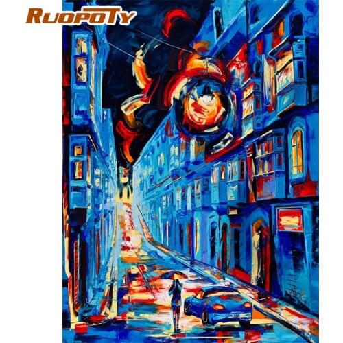 CHENISTORY Paints By Numbers Blue Street Scenery Painting Acrylic Paint On Canvas For Adult Digital Paints Wall Art Decoration