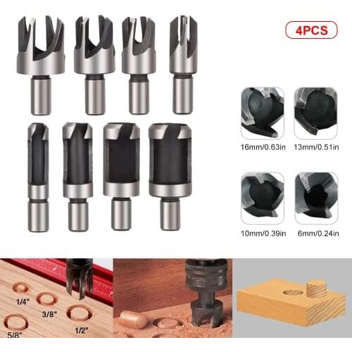 4PCS/set 5/8" 1/2" 3/8" 1/4" Carbon Steel Wood Plug Hole Cutter Drill Bit Set 10MM Shank 6/10/13/16 MM Wood Work Carpenter