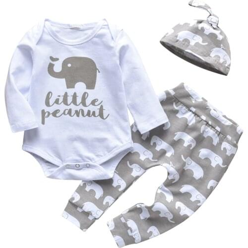 Autumn New Cotton Baby Boys Clothes Set Elephant Print Long-sleeved Bodysuits+Casual Pants+Hat Baby Boys Home Clothing