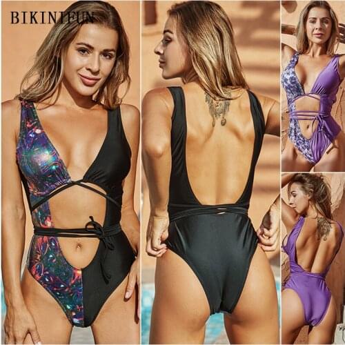 2021 New Sexy Print Patchwork Swimwear Women Cross Chest Monokini Strappy Bandage Swimsuit S-L Girl Backless One Piece Suit