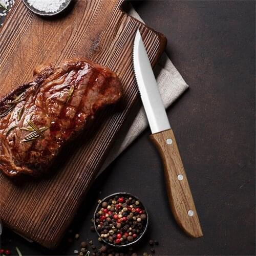 2-10pcs Wood Handle Steak Knife set Dinner Knives Table Knife Serrated Blade Restaurant Cutlery Japanese Wooden Dinnerware 10in