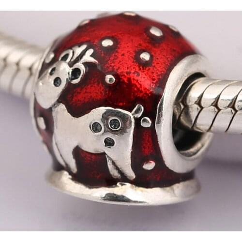 Authentic S925 DIY Jewelry Christmas Moose Deer Red Charm fit Lady Bracelet Bangle